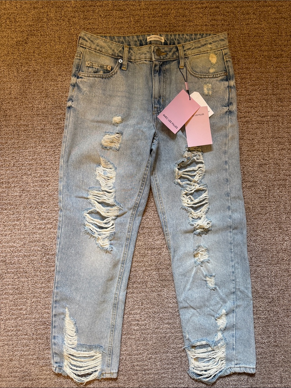 Avec Les Filles Light Blue Distressed Boyfriend Crop Jeans